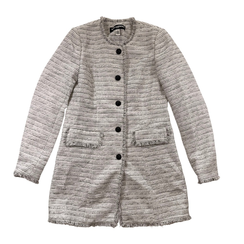 NWT Karl Lagerfeld Paris Tweed‎ Topper Coat Black White Fringe Jacket Size 2